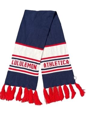 lululemon athletica Navy, White & Red Knit Logo Scarf with Tassels